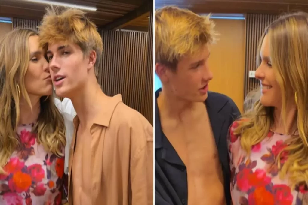 Composiçao digital lado a lado de Fernanda Lima beijando a bochecha de um de seus filhos gêmeos (com camisa caramelo) e, na outra imagem, sorrindo para o outro filho (com camisa escura aberta).