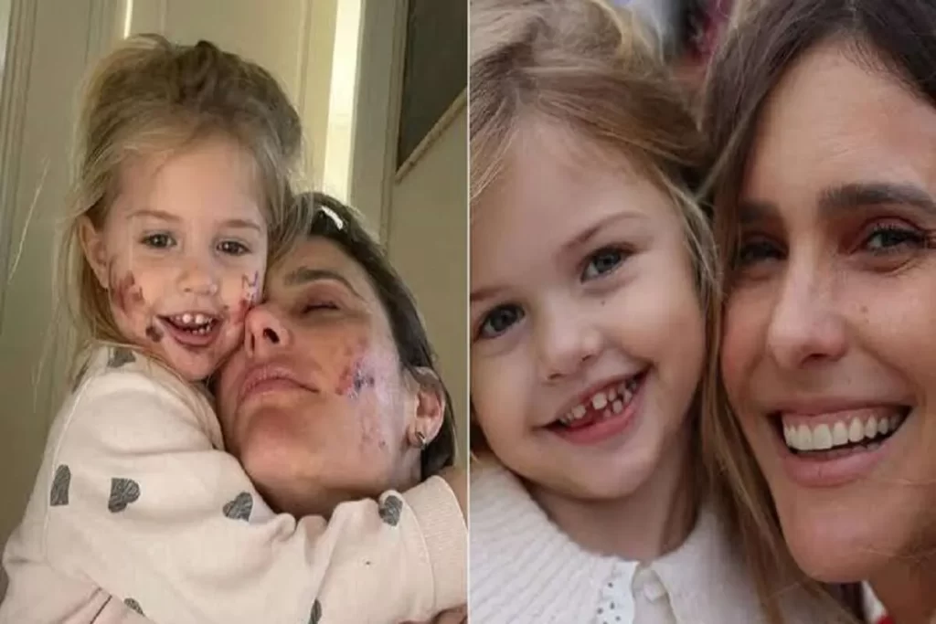 Composiçao digital lado a lado de Fernanda Lima e sua filha mais nova: em uma foto, a filha a abraça com o rosto sujo, e na outra, ambas sorriem juntas em close-up.