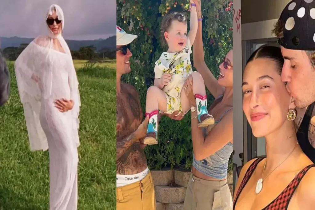 Collage de três fotos que exploram a maternidade de Hailey Bieber com a família. À esquerda, Hailey grávida, vestida de branco e envolta em um tecido transparente, posando em um campo verde. No centro, ela e Justin Bieber (de boné e boxer Calvin Klein visível) levantam juntos uma criança pequena sorridente. À direita, um close-up íntimo do casal, com Justin beijando Hailey no pescoço. A imagem resume a jornada de gravidez, paternidade e o afeto do casal.