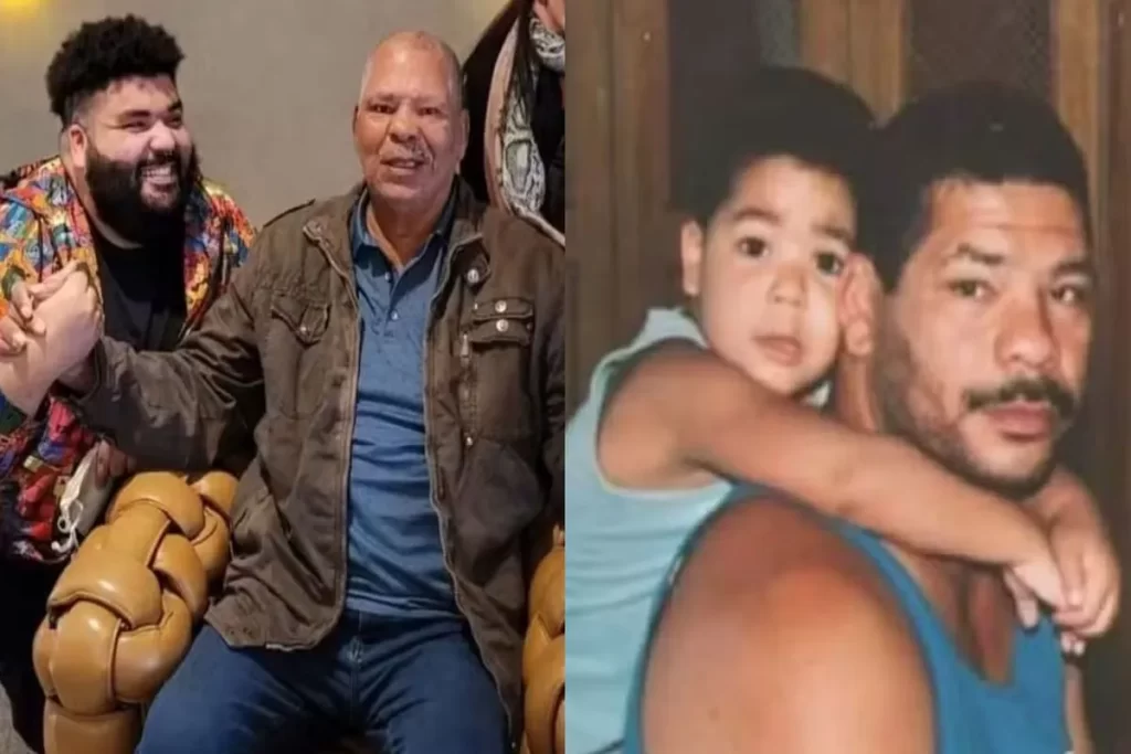 Um collage de duas fotos de Maguila com seus filhos. À esquerda, o ex-boxeador Maguila (com uma jaqueta marrom) sorri ao lado de um de seus filhos adultos, que veste uma camisa colorida e barba, ambos sentados. À direita, uma foto antiga (vintage) mostra Maguila mais jovem segurando uma criança (outro de seus filhos) em um abraço carinhoso. As imagens celebram a relação familiar entre o boxeador e seus filhos de Maguila.