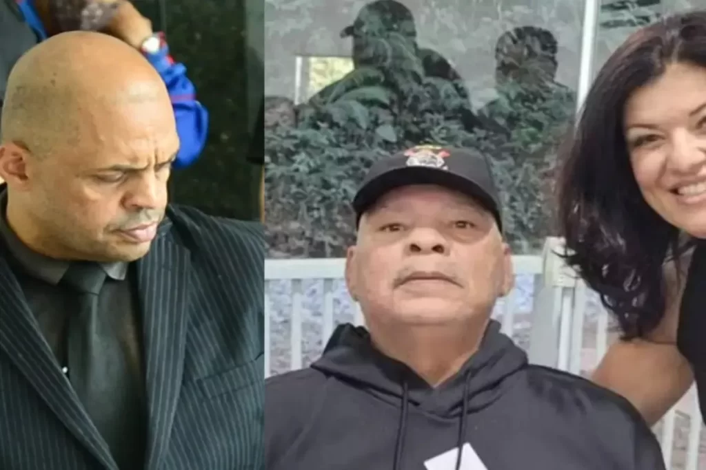 Um collage de duas fotos. À esquerda, um homem de terno preto e cabeça raspada (um dos filhos de Maguila) está em luto, com a cabeça baixa. À direita, uma foto mais antiga mostra o ex-boxeador Maguila (de capuz preto e boné) ao lado de uma mulher (possivelmente sua esposa ou outra filha). Ambas as imagens focam na família do boxeador, reforçando a palavra-chave filhos de Maguila.