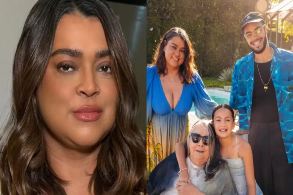 Imagem em collage vertical, dividida em duas partes. À esquerda, um close-up de Preta Gil sorridente, em um vestido prateado brilhante, com maquiagem destacada. À direita, um retrato lado a lado de seu filho, Francisco Gil (de boné e barba, sorrindo), abraçado a seu ex-marido e pai de Francisco, o ator Otávio Müller (de camisa branca, óculos e um suéter cinza nos ombros), ambos sorrindo.