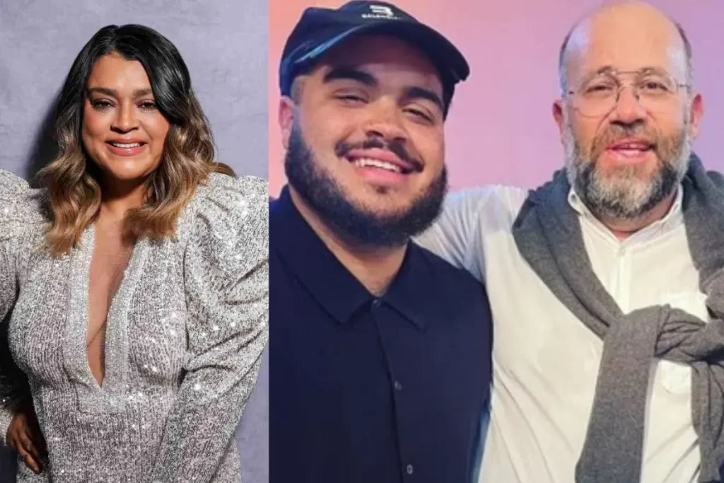 Retrato de família em plano médio, tirado em um evento ou backstage. Estão presentes: a cantora Preta Gil sorridente (no centro, de vestido colorido), seu filho Francisco Gil (de barba, camiseta clara e chapéu), sua neta Sol de Maria (criança, no colo de Francisco), seu ex-marido e pai de Francisco, o ator Otávio Müller (de camisa escura e óculos), e a mãe de Sol, Laura Fernandez (de cabelo castanho e roupa escura).