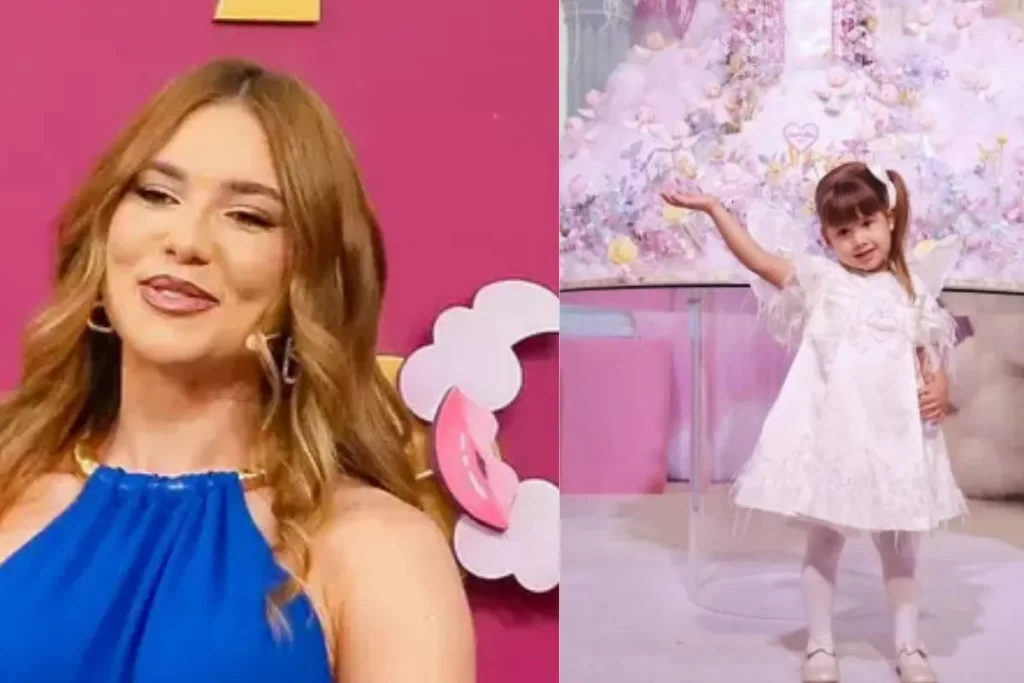 Virginia Fonseca em close-up e sua filha Maria Alice ou Maria Flor em festa de aniversário luxuosa.