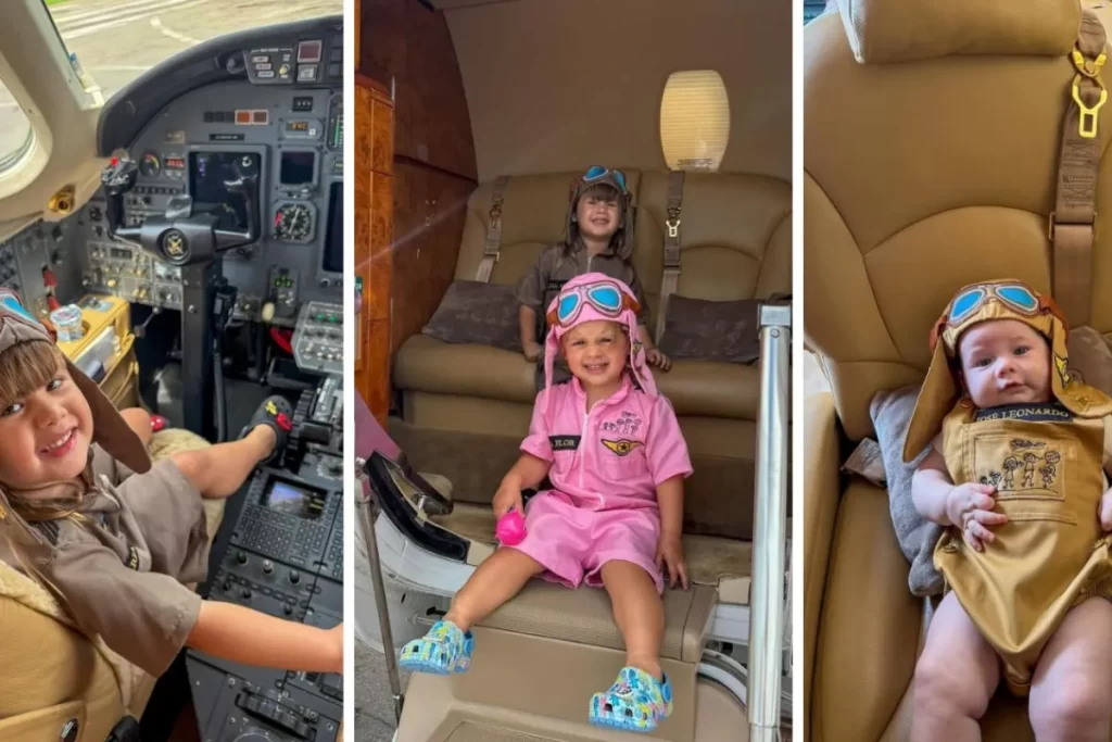 As três filhas de Virginia Fonseca e Zé Felipe (Maria Alice, Maria Flor e José Leonardo) vestidas de piloto e copiloto em poses fofas dentro de um jatinho.