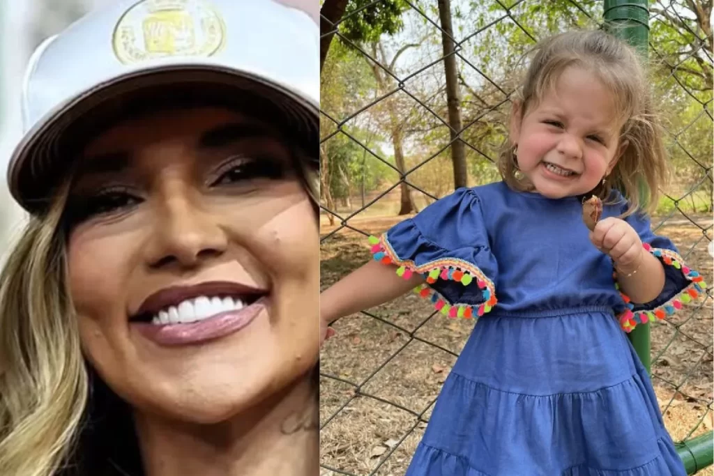 Virginia Fonseca em close-up com boné branco e sorrindo, ao lado de uma de suas filhas em vestido azul e sorrindo ao ar livre.