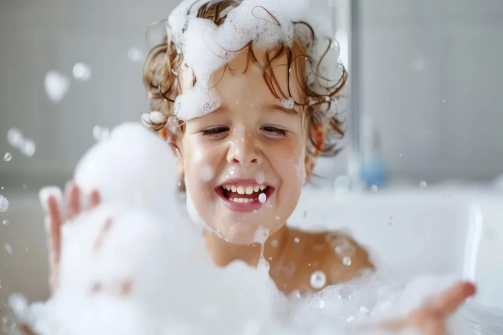 Close-up de uma criança pequena, com cabelo cacheado e molhado, sorrindo e se divertindo em uma banheira cheia de espuma branca. A criança tem bolhas na cabeça e no rosto, e suas mãos estão levantadas, interagindo com a espuma. A imagem, com luz natural, transmite diversão e o prazer do banho.