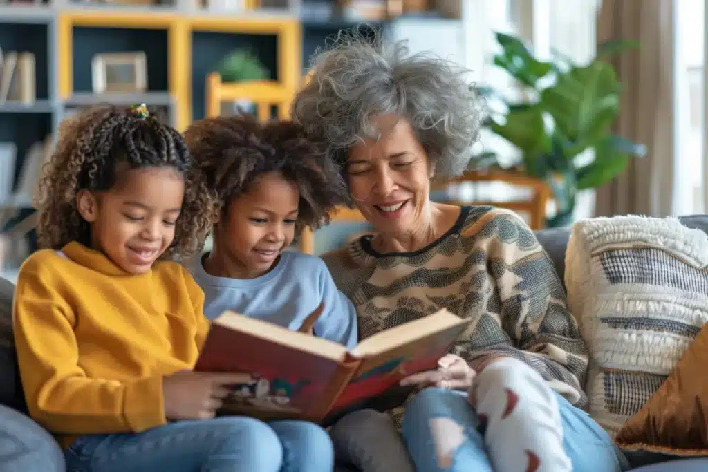 Uma mulher mais velha (avó), com cabelos grisalhos e cacheados, lê um livro para duas meninas negras, possivelmente suas netas, enquanto as três estão aconchegadas em um sofá em uma sala de estar.