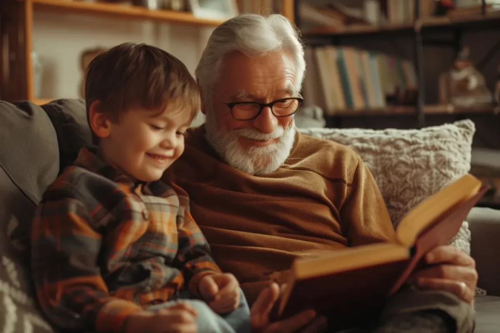 Close-up de um avô (homem mais velho com barba branca) usando óculos, sorrindo e lendo um livro para seu neto, um menino pequeno com camisa xadrez, sentados juntos no sofá.
