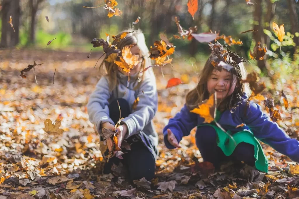 Duas meninas jovens, com cabelo castanho-claro e comprido, sorriem enquanto jogam folhas secas de outono para o ar em uma floresta ou parque. Elas usam roupas de inverno claras (casacos de moletom) e estão sentadas em um chão coberto por folhas em tons de dourado e marrom, com o sol criando um efeito bokeh e contraluz. A imagem transmite felicidade, brincadeira e energia infantil.