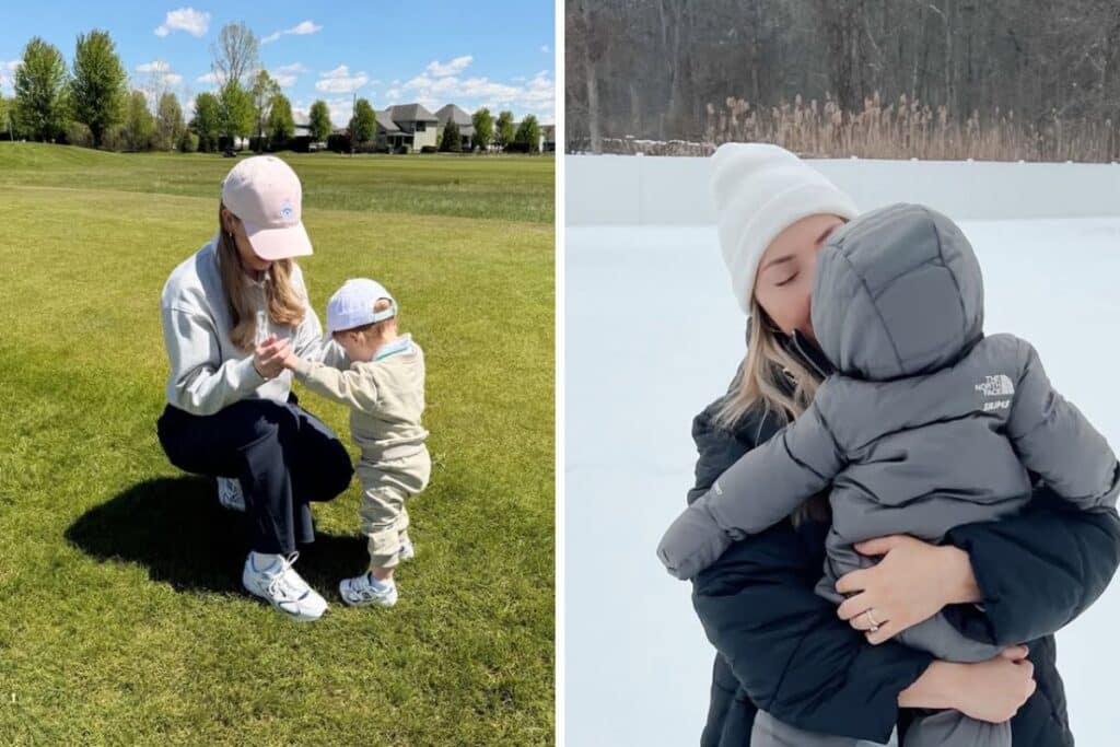 Montagem com mãe e filho em dois momentos ao ar livre, um em campo gramado e outro na neve, demonstrando afeto e cuidado.