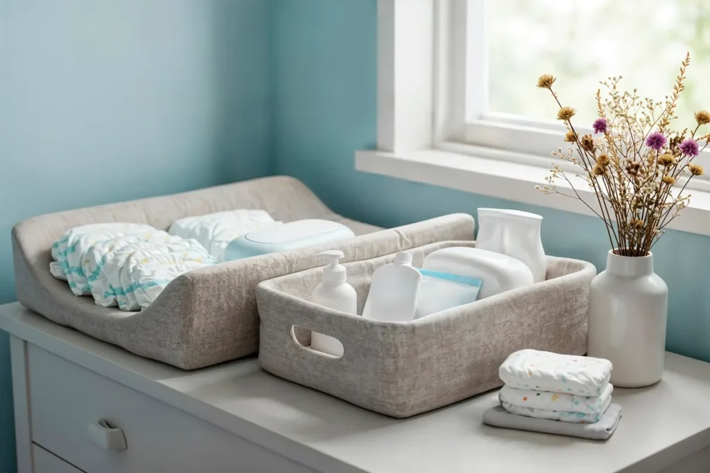Tampo de cômoda cinza claro com colchão de trocador de bebê cinza com fraldas, cesto organizador com produtos de higiene e vaso com flores secas perto da janela.