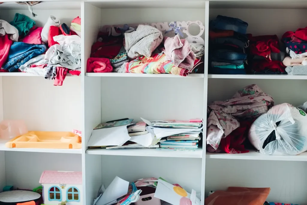 Armário modular branco com prateleiras e nichos abertos repletos de roupas coloridas bagunçadas, papéis amontoados e brinquedos espalhados.
