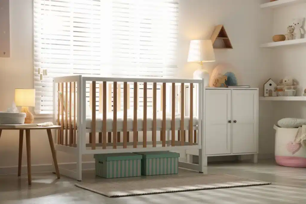 Berço branco próximo à janela em quarto de bebê iluminado com móveis claros e decoração suave.
