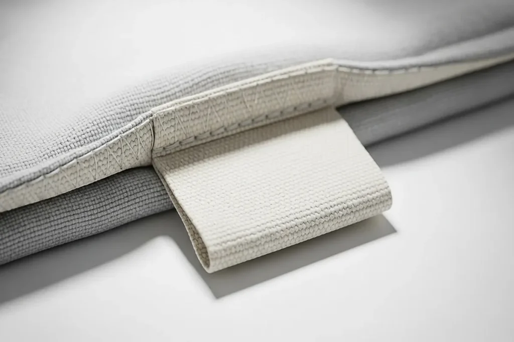 Macro da borda costurada de um colchão cinza e branco de tecido texturizado, destacando uma etiqueta de tecido bege claro dobrada e fixada na costura lateral.