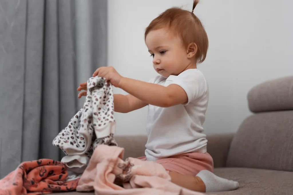 Close nas mãos de uma mulher organizando roupas infantis dobradas em rolinhos dentro de caixas organizadoras de tecido branco em uma prateleira de madeira.