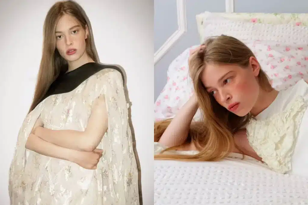 Vivian Jenna Wilson em montagem de fotos usando roupas claras, posando em estúdio e sobre uma cama com decoração floral.