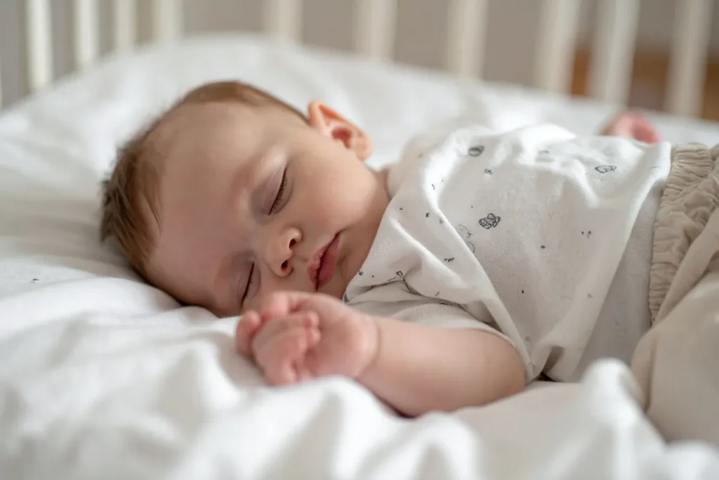 Bebê dormindo em posição confortável dentro de berço portátil com roupa clara e colchão macio.
