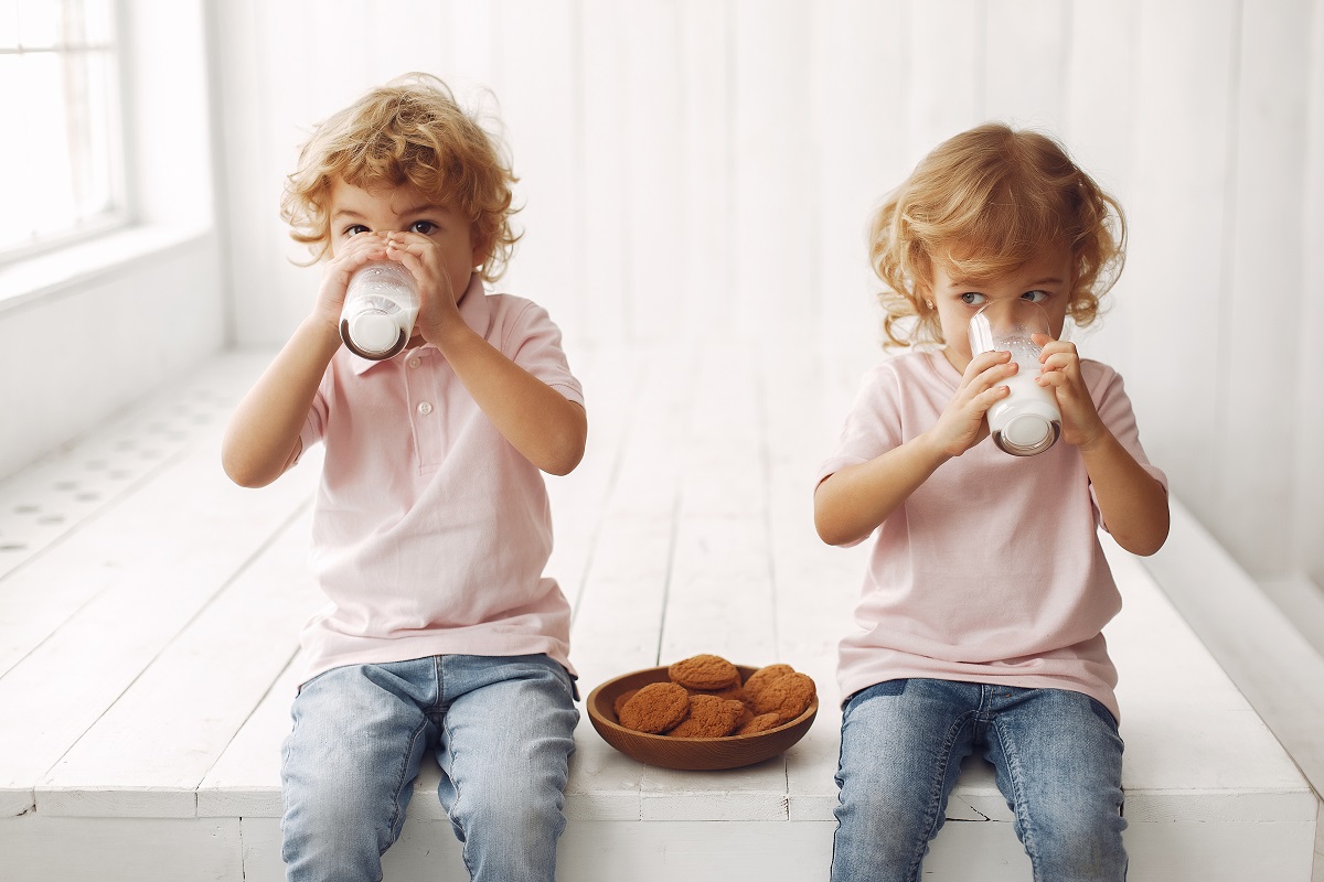 duas crianças vestidas com a mesma roupa estão sentadas com um prato de biscoitos entre eles e estão bebendo leite