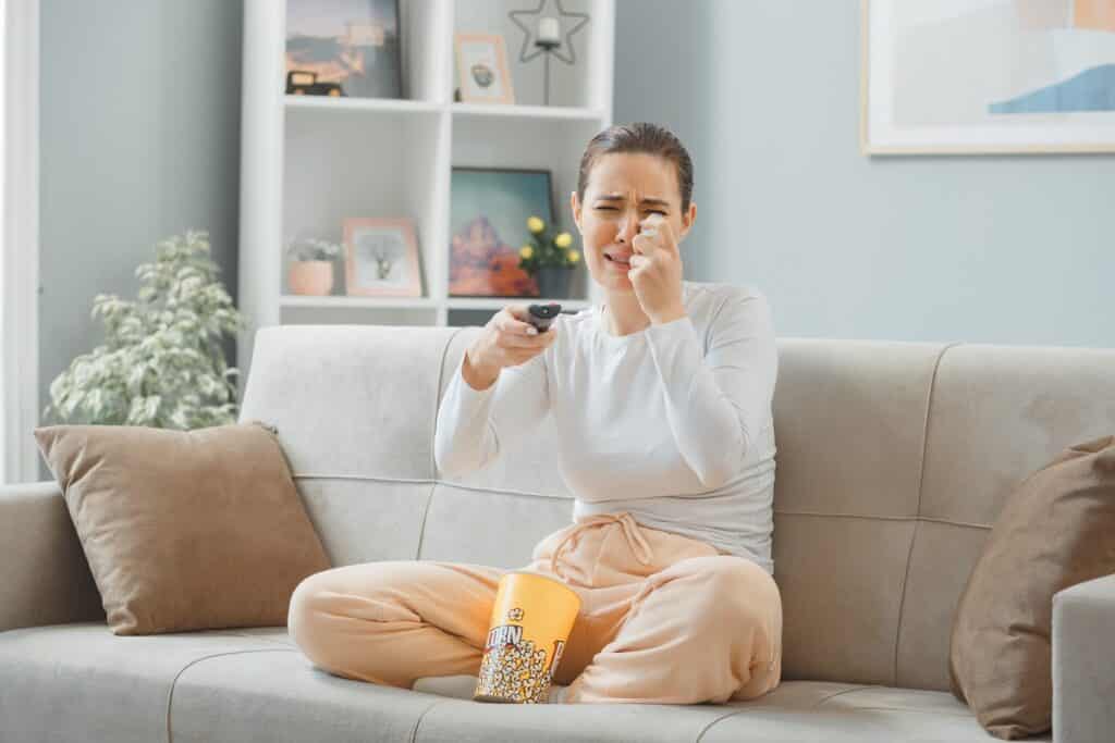 Mulher sentada no sofá assistindo a tv e chorando