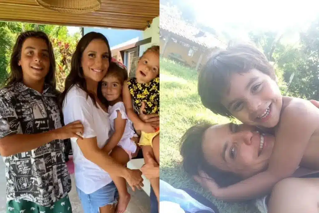 Montagem com fotos dos filhos de Ivete Sangalo em momentos de carinho e descontração ao lado da cantora em ambiente familiar ao ar livre.