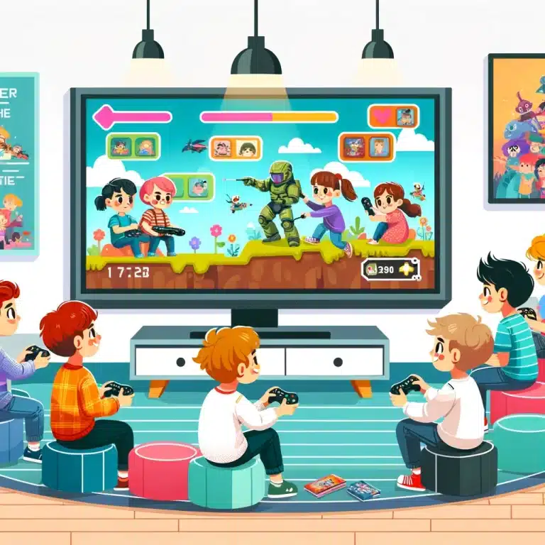 Crianças jogando videogame juntas em uma sala de estar moderna e colorida.