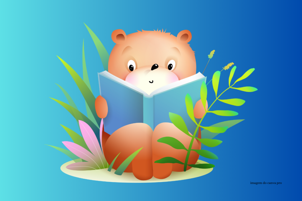 Ilustração de um urso lendo um livro na floresta.