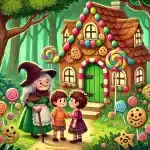 Ilustração de João e Maria encontrando a casa de doces na floresta.