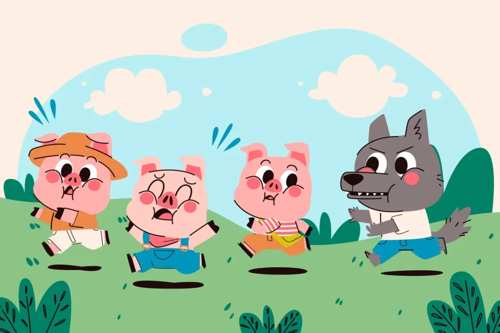 Ilustração colorida dos Três Porquinhos correndo assustados enquanto o Lobo Mau os persegue, em uma cena divertida da clássica fábula infantil.