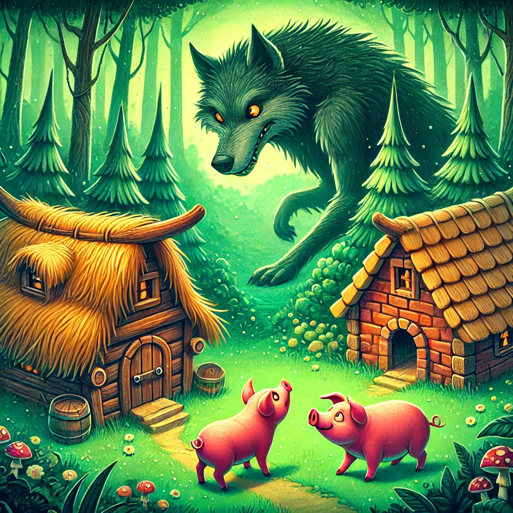 Ilustração da história dos três porquinhos com o lobo mau tentando derrubar as casas.