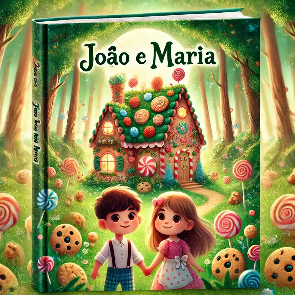 Capa ilustrada da história de João e Maria com uma casa de doces na floresta.