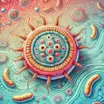 Ilustração da bactéria Bordetella pertussis, que causa a coqueluche, em um estilo colorido e detalhado, com um fundo que lembra uma vista microscópica.