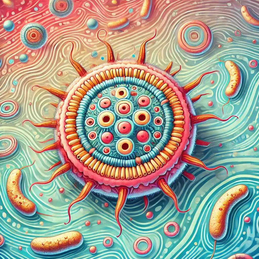 Ilustração da bactéria Bordetella pertussis, que causa a coqueluche, em um estilo colorido e detalhado, com um fundo que lembra uma vista microscópica.