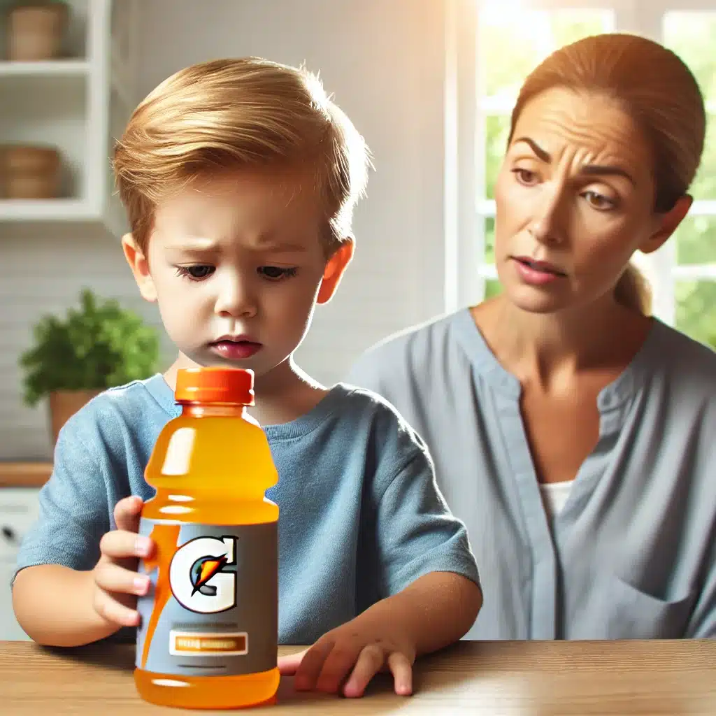 Criança segurando uma garrafa de Gatorade, com um pai ou mãe preocupado observando. O cenário é uma cozinha iluminada, destacando a questão da segurança do consumo de Gatorade por crianças.