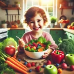 Criança sorridente comendo uma tigela de frutas e vegetais orgânicos em uma cozinha iluminada pelo sol.