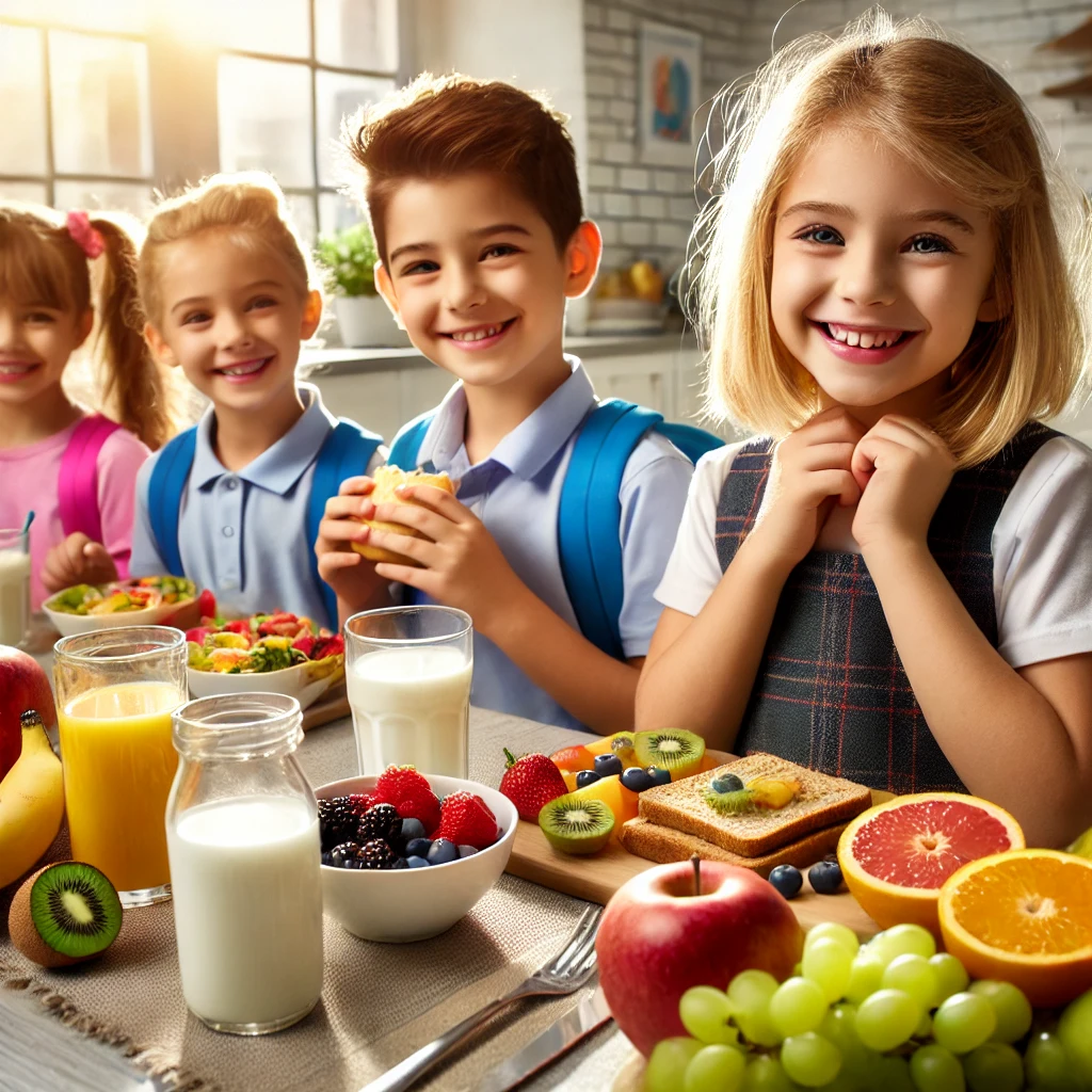 Crianças felizes tomando um café da manhã saudável com frutas, grãos integrais e laticínios, prontas para um dia de aprendizado na escola.