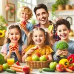 Cena alegre de crianças comendo frutas e verduras com sorrisos em um ambiente acolhedor.