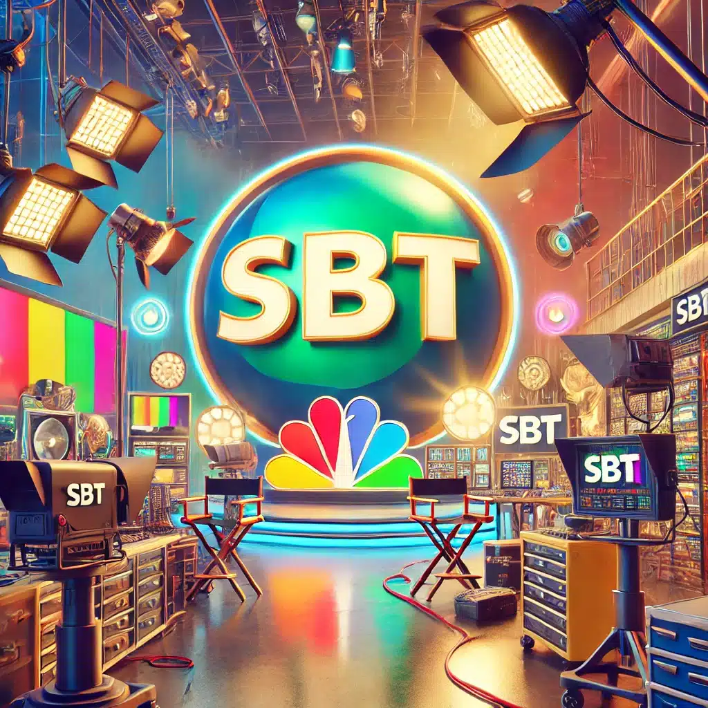 Ilustração do logotipo do SBT em um cenário dinâmico, refletindo a energia e a influência da emissora fundada por Silvio Santos na mídia brasileira.