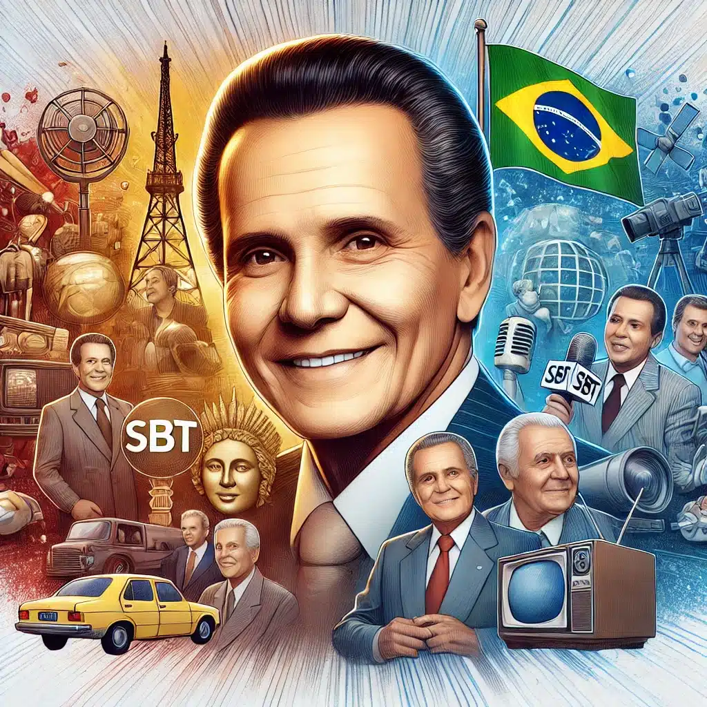 Ilustração detalhada mostrando o legado de Silvio Santos, incluindo o logotipo do SBT e cenas de seus programas de televisão, em uma colagem vibrante que reflete sua influência na mídia brasileira.