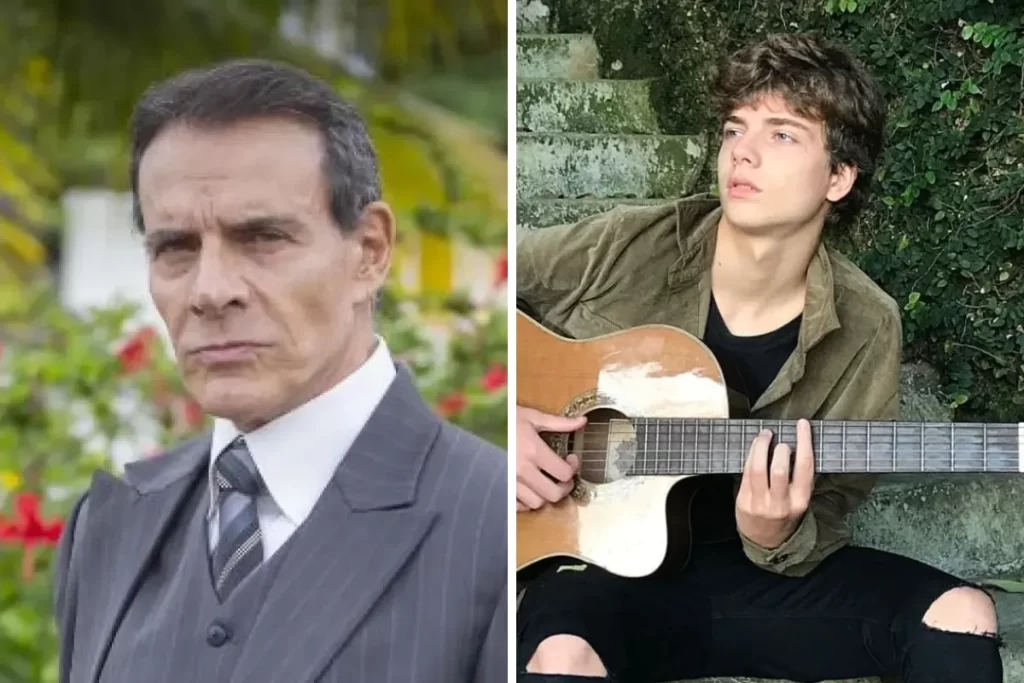 Foto comparativa de Mário Gomes, em traje formal, ao lado de seu filho João Gomes, tocando violão em um ambiente natural.