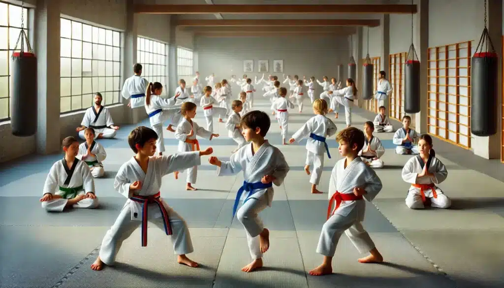 Crianças treinando artes marciais em um dojo bem iluminado, usando uniformes tradicionais e realizando movimentos coordenados sob a orientação de um instrutor.