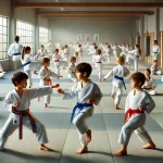 Crianças treinando artes marciais em um dojo bem iluminado, usando uniformes tradicionais e realizando movimentos coordenados sob a orientação de um instrutor.