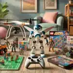 Conjunto de brinquedos tecnológicos, incluindo drone, robô e videogame, para crianças de 10 anos.