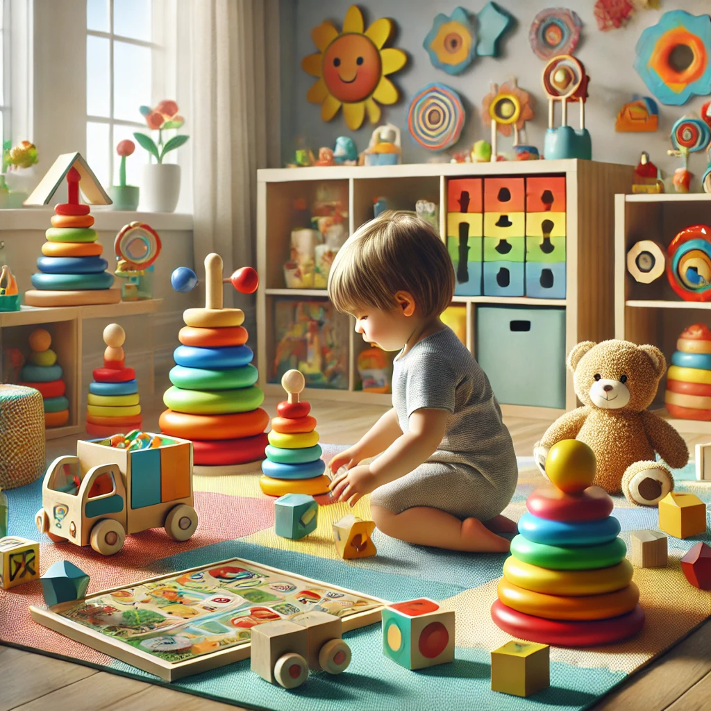 Criança de 2 anos brincando em um tapete colorido com brinquedos educativos, como anéis empilháveis, blocos de madeira e quebra-cabeças, em um ambiente seguro e alegre.