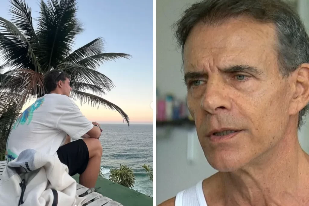 Imagem comparativa de João Gomes sentado de frente para o mar ao lado de uma foto de seu pai, o ator Mário Gomes, em um close-up.