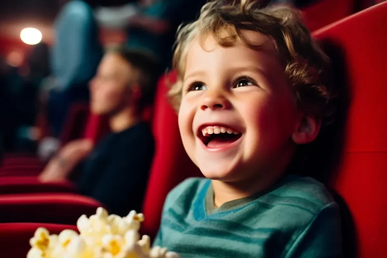 Menino loiro com camiseta listrada sorrindo empolgado em poltrona vermelha de cinema, com pipoca à frente e ambiente de cinema ao fundo.