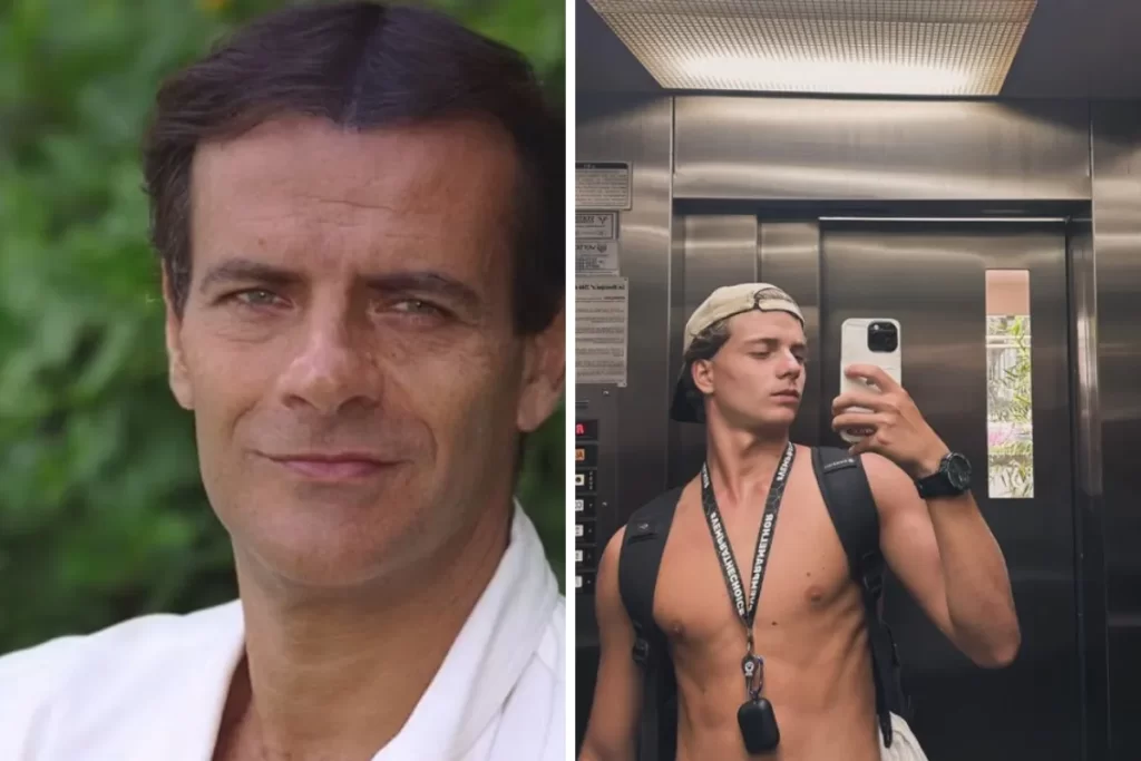 Foto comparativa de Mário Gomes, ator brasileiro, ao lado de uma imagem de seu filho João Gomes, tirando uma selfie no espelho de um elevador.