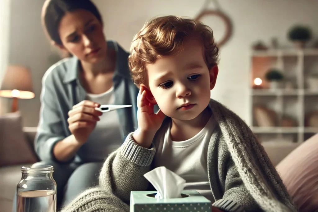 Criança tocando o ouvido com expressão de desconforto, enquanto um adulto preocupado segura um termômetro ao fundo, representando os sintomas de otite infantil.