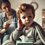 Criança tocando o ouvido com expressão de desconforto, enquanto um adulto preocupado segura um termômetro ao fundo, representando os sintomas de otite infantil.