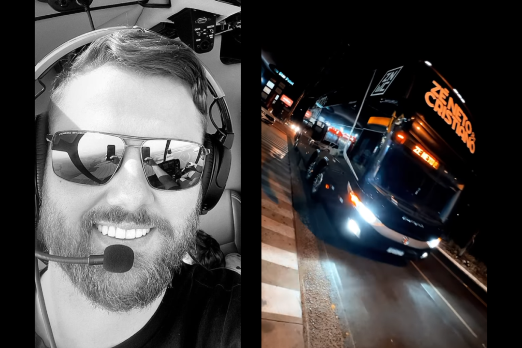 Zé Neto, da dupla sertaneja Zé Neto & Cristiano, com fones de ouvido em um helicóptero e ônibus da dupla à noite.